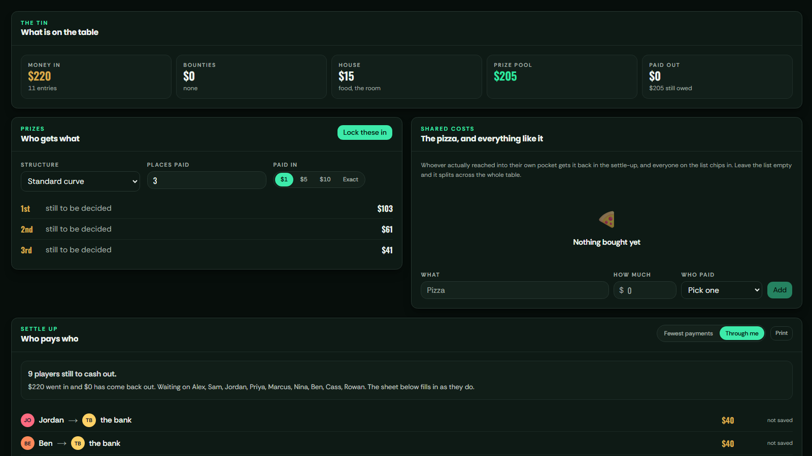 A $205 pool paid in whole dollars: 103, 61 and 41. Three numbers that are not round, and that add up.